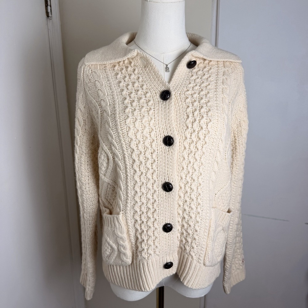 Frances Valentine Women's Cream Cable Knit Cardigan Sweater 100% Lambswool Sz S